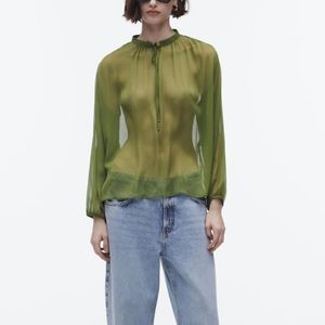 ZARA SEMI-SHEER TIED BLOUSE GREEN L NWT